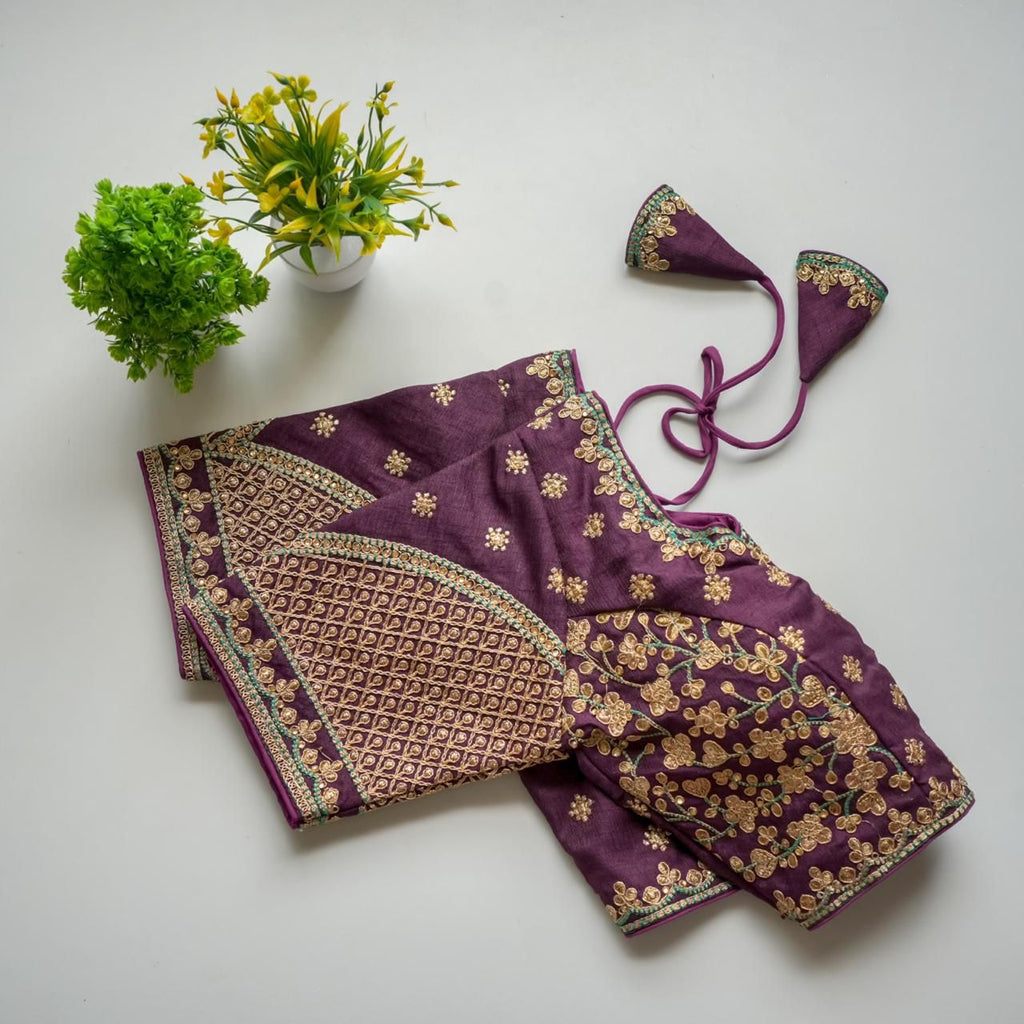 Purple Mulmul Silk Blouse with Golden Embroidery and Sequins ClothsVilla