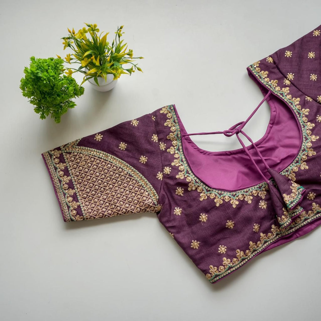 Purple Mulmul Silk Blouse with Golden Embroidery and Sequins ClothsVilla