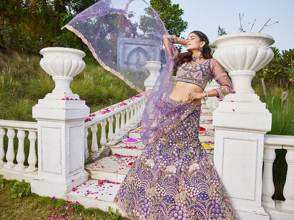 Purple Multi-Color Sequin Embroidered Net Lehenga Choli Dupatta Set ClothsVilla