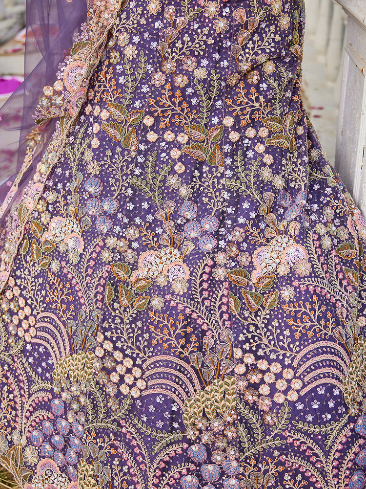 Purple Multi-Color Sequin Embroidered Net Lehenga Choli Dupatta Set ClothsVilla