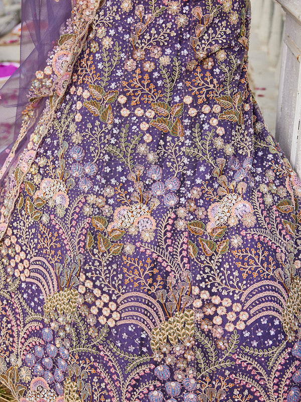 Purple Multi-Color Sequin Embroidered Net Lehenga Choli Dupatta Set ClothsVilla