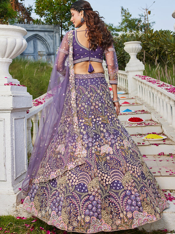 Purple Multi-Color Sequin Embroidered Net Lehenga Choli Dupatta Set ClothsVilla
