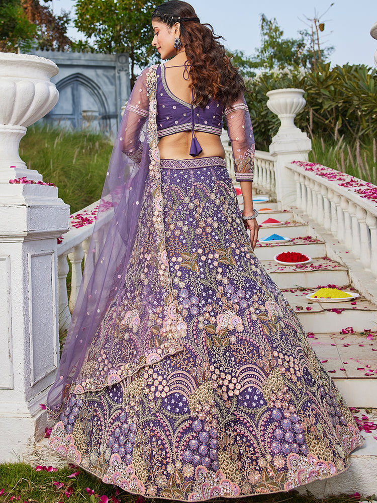 Babyhug Woven Half Sleeves Sequin Detailing Lehenga Choli & Dupatta Set With Floral Embroidery  - Purple main image 0
