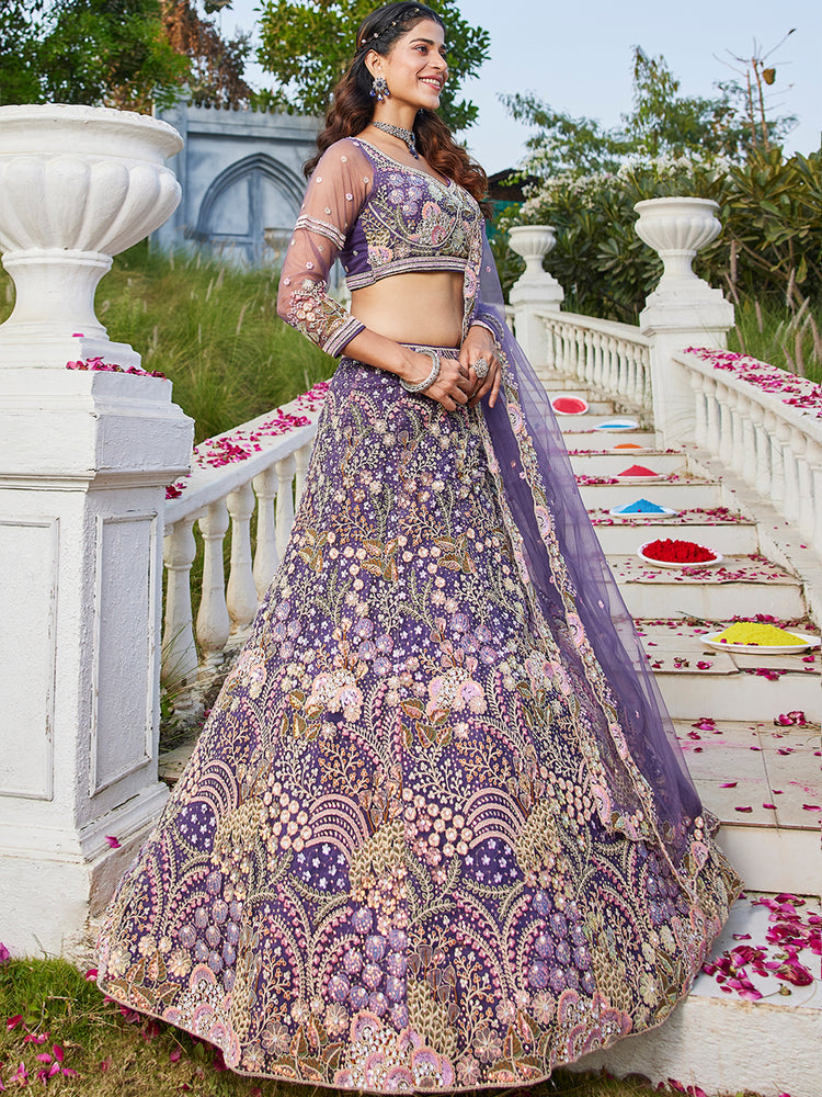 Purple Multi-Color Sequin Embroidered Net Lehenga Choli Dupatta Set ClothsVilla
