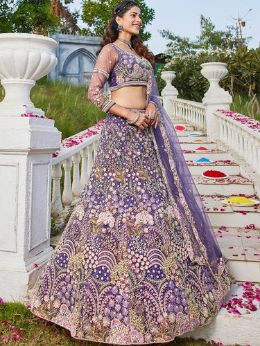 Purple Multi-Color Sequin Embroidered Net Lehenga Choli Dupatta Set ClothsVilla