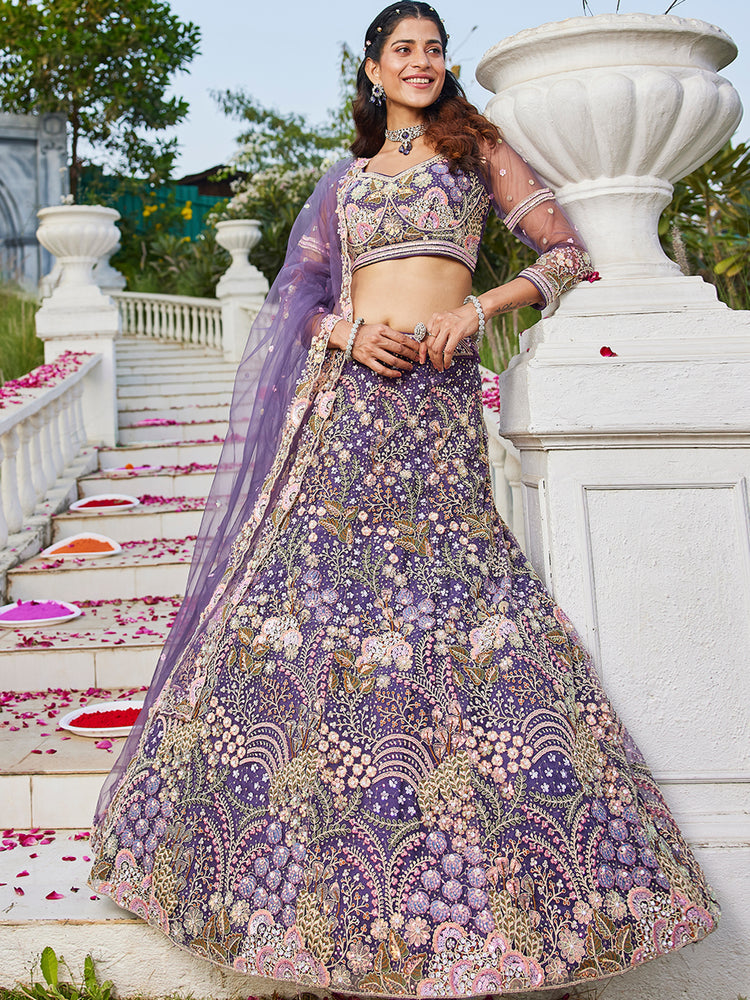 Purple Multi-Color Sequin Embroidered Net Lehenga Choli Dupatta Set ClothsVilla