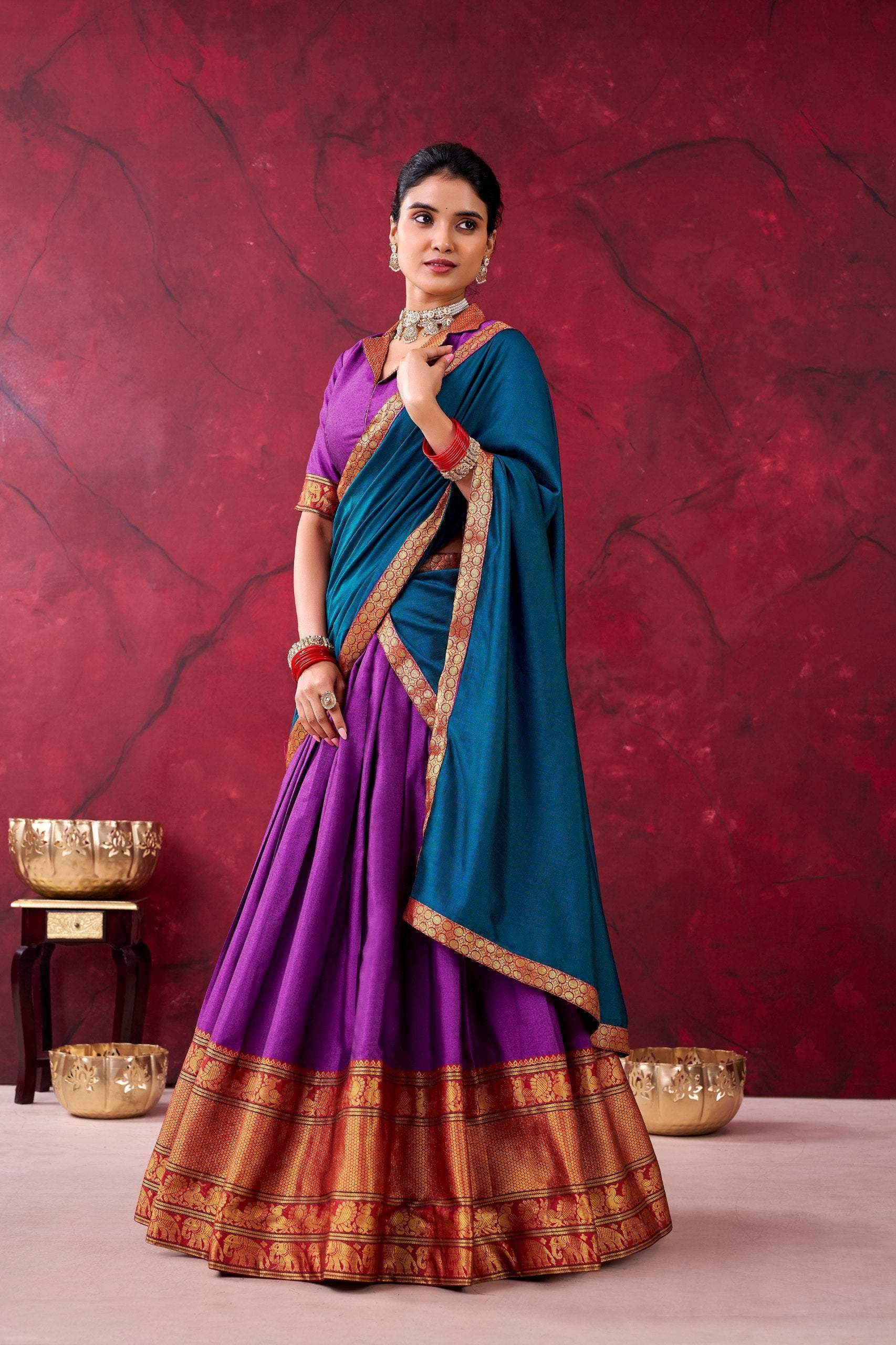 Purple Narayan Pet Cotton Lehenga Set Secondary image