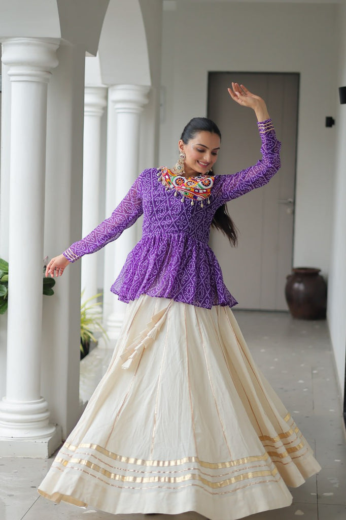 Purple Navratri Special Cotton Lehenga Choli Set with Gota Patti Lace & Bandhani Gamthi Work – Full Stitched ClothsVilla