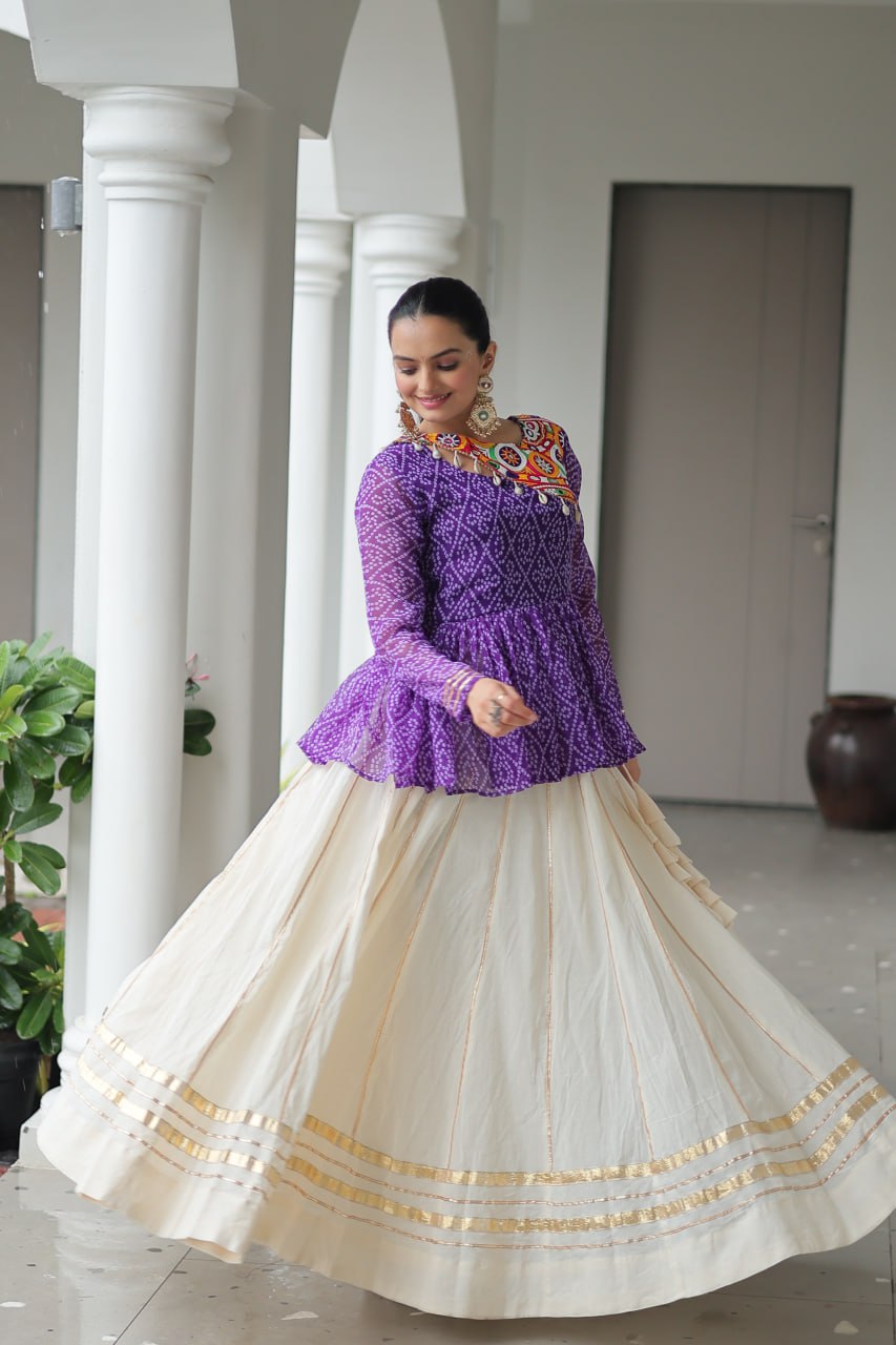 Purple Navratri Special Cotton Lehenga Choli Set with Gota Patti Lace & Bandhani Gamthi Work – Full Stitched ClothsVilla