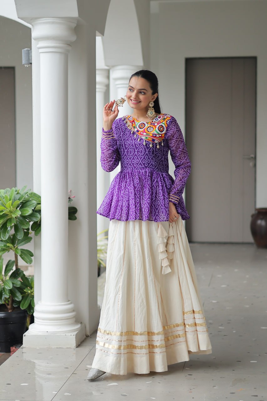 Purple Navratri Special Cotton Lehenga Choli Set with Gota Patti Lace & Bandhani Gamthi Work – Full Stitched ClothsVilla