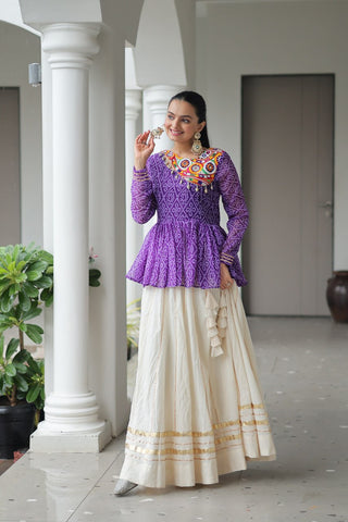 Purple Navratri Special Cotton Lehenga Choli Set with Gota Patti Lace & Bandhani Gamthi Work – Full Stitched ClothsVilla