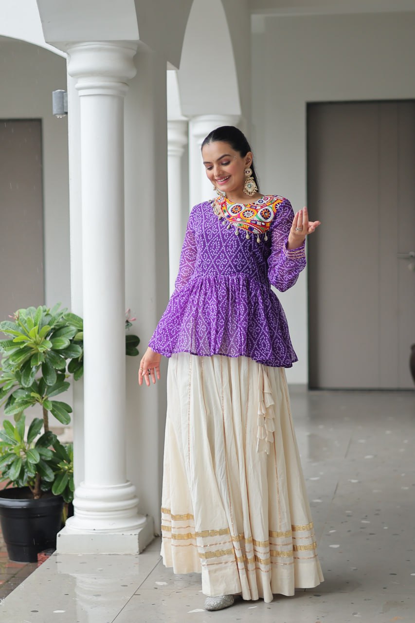 Purple Navratri Special Cotton Lehenga Choli Set with Gota Patti Lace & Bandhani Gamthi Work – Full Stitched ClothsVilla