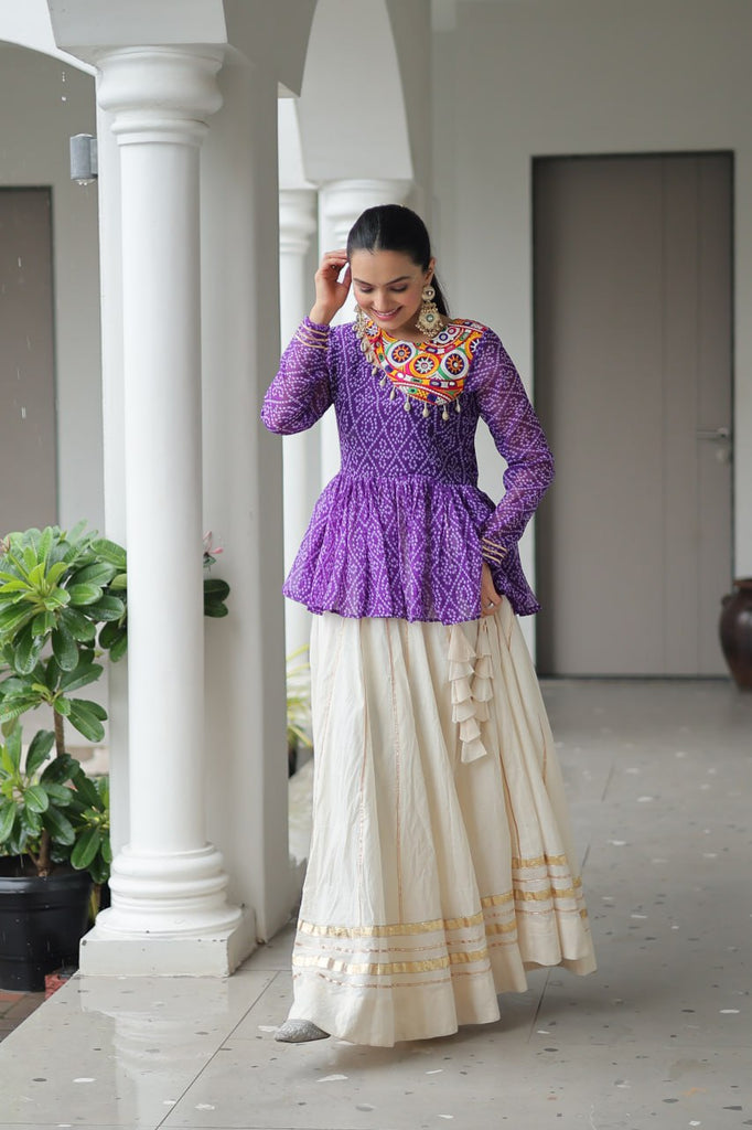 Purple Navratri Special Cotton Lehenga Choli Set with Gota Patti Lace & Bandhani Gamthi Work – Full Stitched ClothsVilla