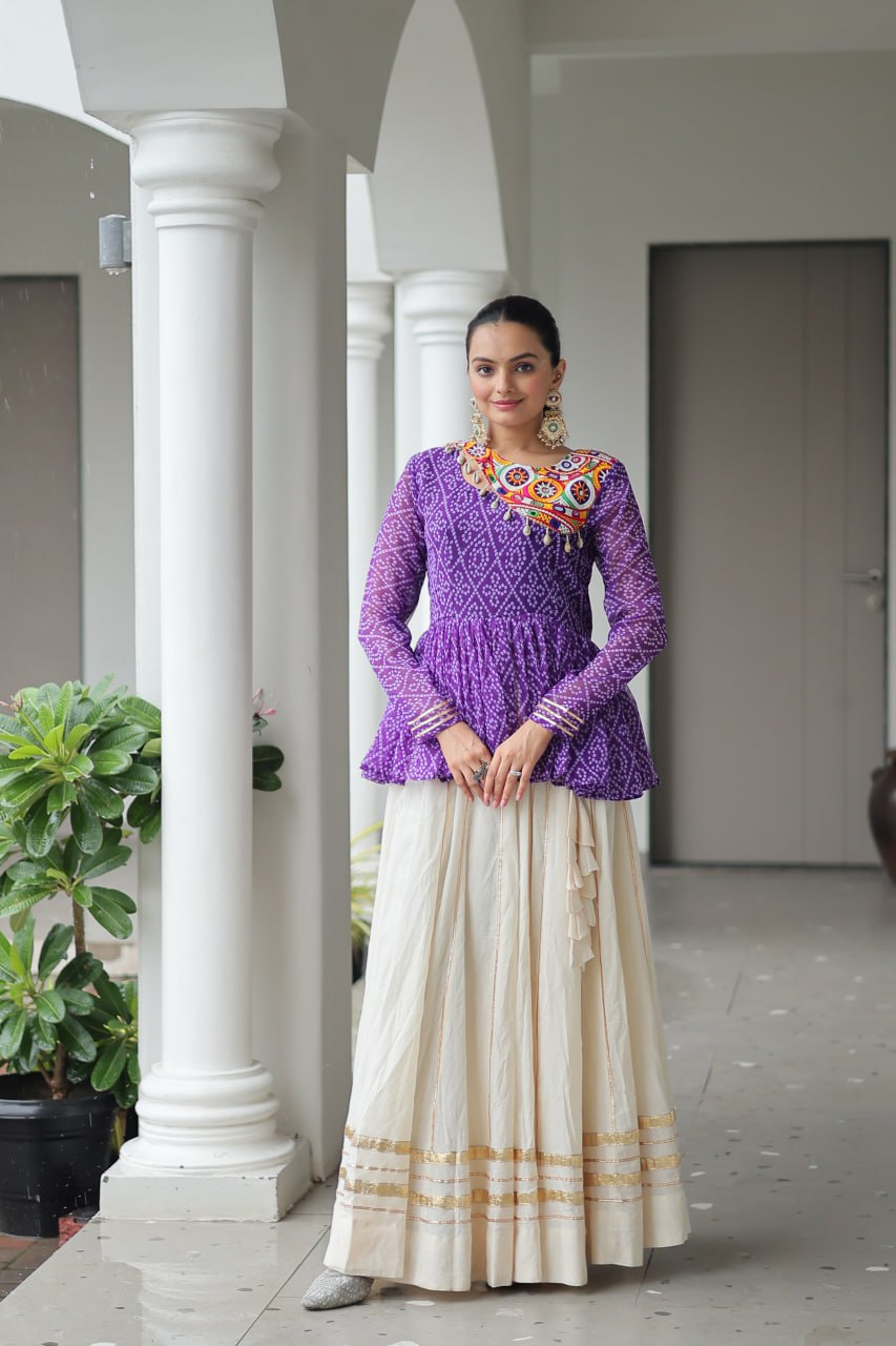 Purple Navratri Special Cotton Lehenga Choli Set with Gota Patti Lace & Bandhani Gamthi Work – Full Stitched ClothsVilla
