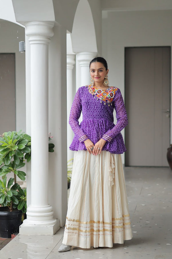 Purple Navratri Special Cotton Lehenga Choli Set with Gota Patti Lace & Bandhani Gamthi Work – Full Stitched ClothsVilla