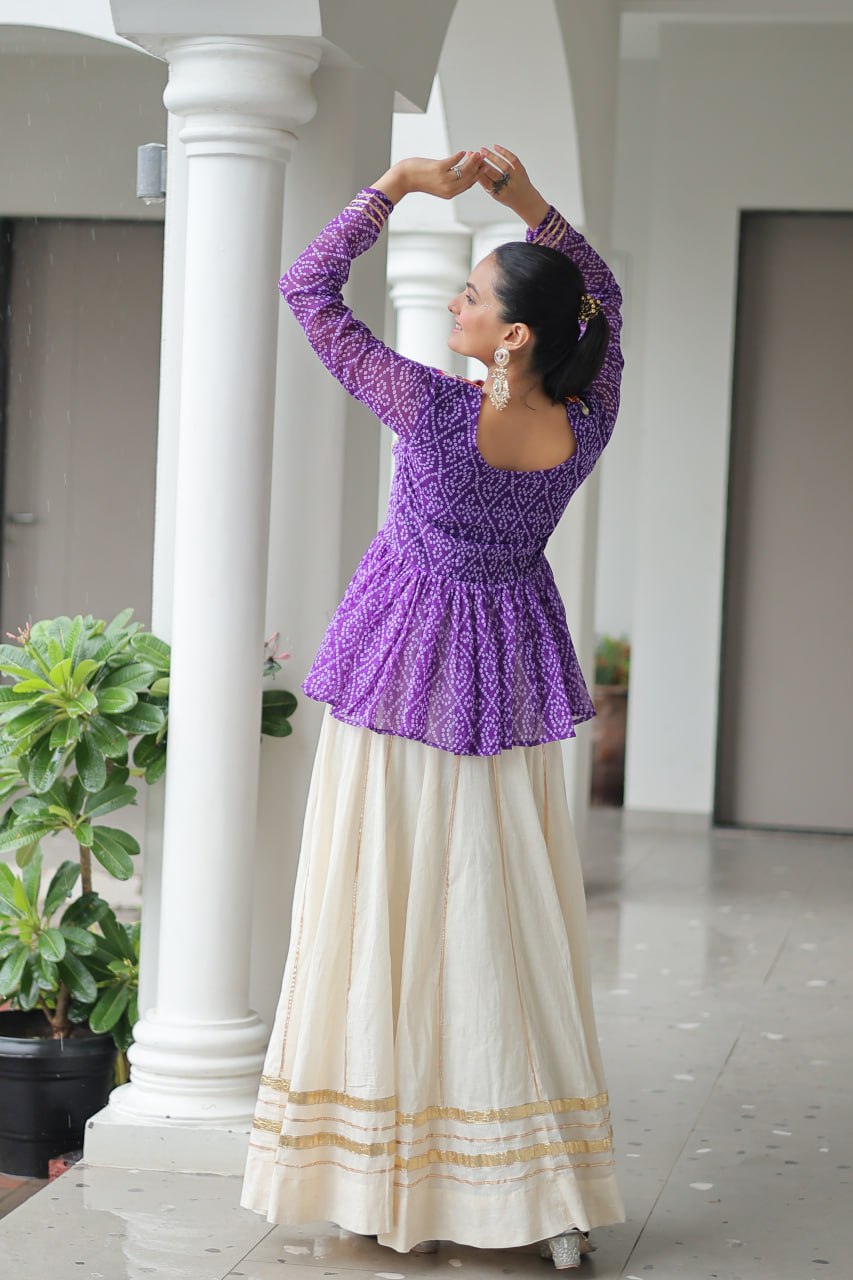 Purple Navratri Special Cotton Lehenga Choli Set with Gota Patti Lace & Bandhani Gamthi Work – Full Stitched ClothsVilla