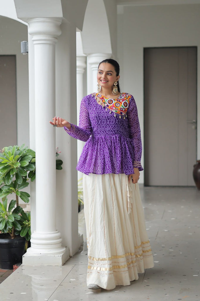 Purple Navratri Special Cotton Lehenga Choli Set with Gota Patti Lace & Bandhani Gamthi Work – Full Stitched ClothsVilla