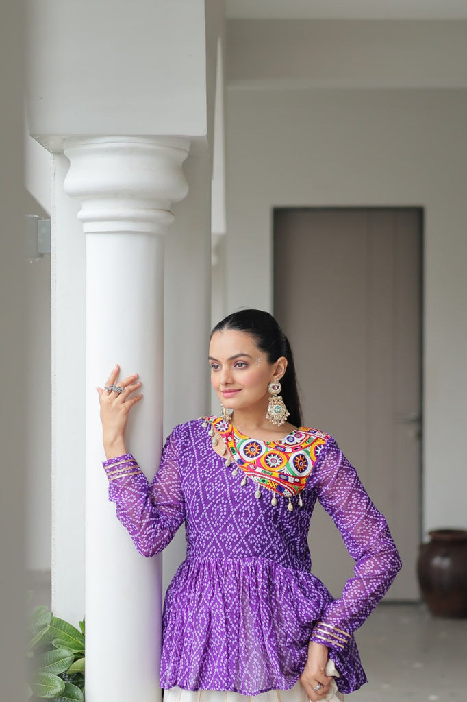 Purple Navratri Special Cotton Lehenga Choli Set with Gota Patti Lace & Bandhani Gamthi Work – Full Stitched ClothsVilla