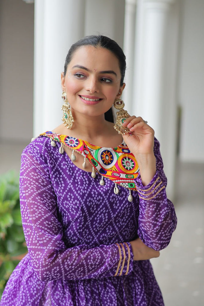 Purple Navratri Special Cotton Lehenga Choli Set with Gota Patti Lace & Bandhani Gamthi Work – Full Stitched ClothsVilla