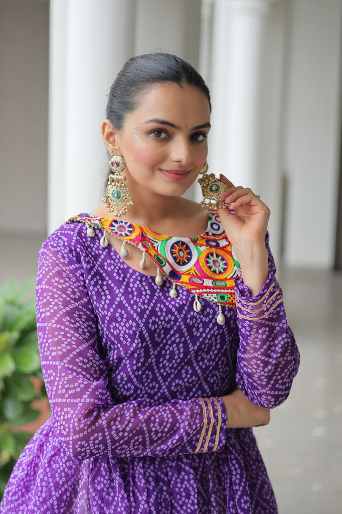 Purple Navratri Special Cotton Lehenga Choli Set with Gota Patti Lace & Bandhani Gamthi Work – Full Stitched ClothsVilla