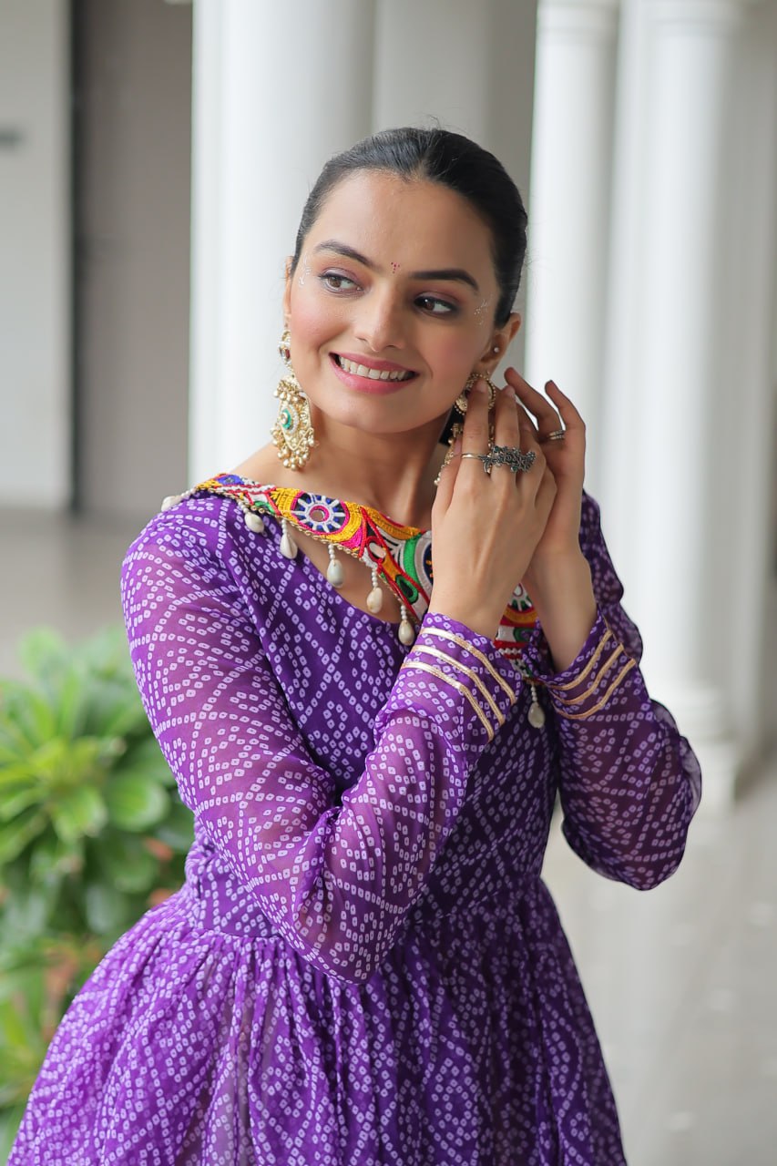 Purple Navratri Special Cotton Lehenga Choli Set with Gota Patti Lace & Bandhani Gamthi Work – Full Stitched ClothsVilla