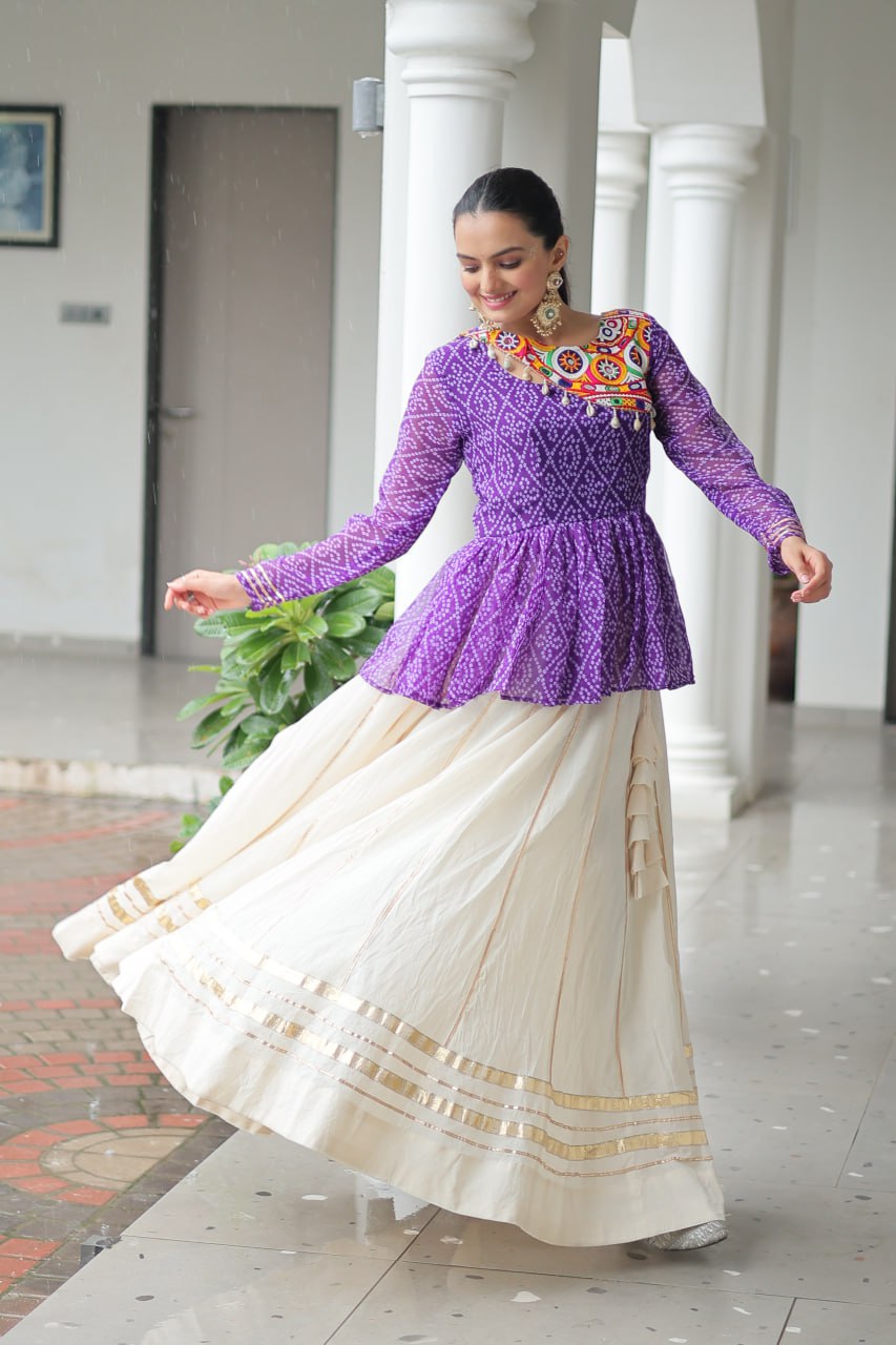 Purple Navratri Special Cotton Lehenga Choli Set with Gota Patti Lace & Bandhani Gamthi Work – Full Stitched ClothsVilla