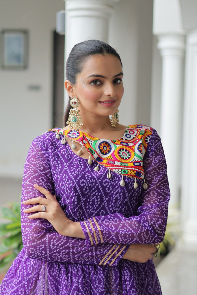 Purple Navratri Special Cotton Lehenga Choli Set with Gota Patti Lace & Bandhani Gamthi Work – Full Stitched ClothsVilla