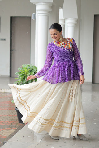 Purple Navratri Special Cotton Lehenga Choli Set with Gota Patti Lace & Bandhani Gamthi Work – Full Stitched ClothsVilla