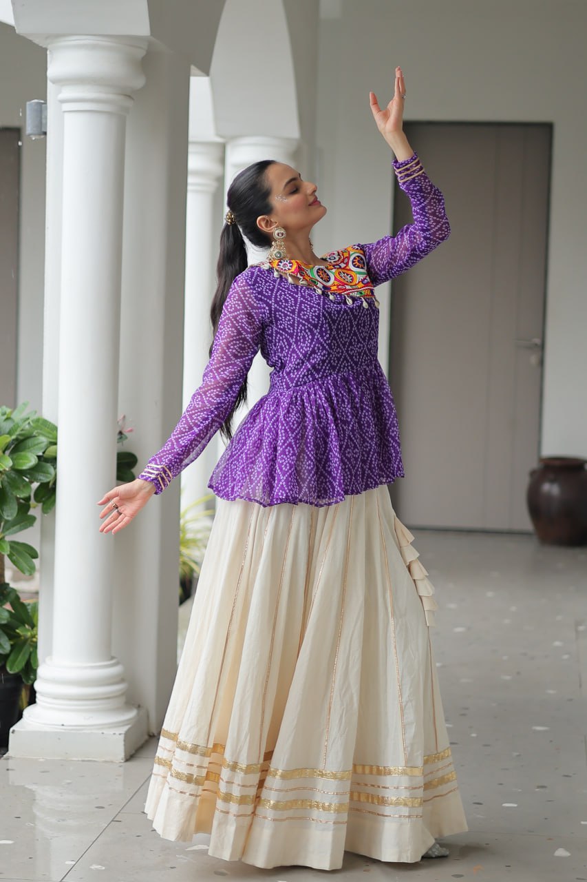 Purple Navratri Special Cotton Lehenga Choli Set with Gota Patti Lace & Bandhani Gamthi Work – Full Stitched ClothsVilla