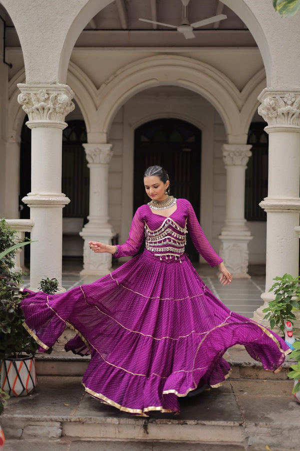 Purple Navratri Special Leheriya Print Lehenga Choli with 12 Mtr Flair & Mirror Lace Work ClothsVilla