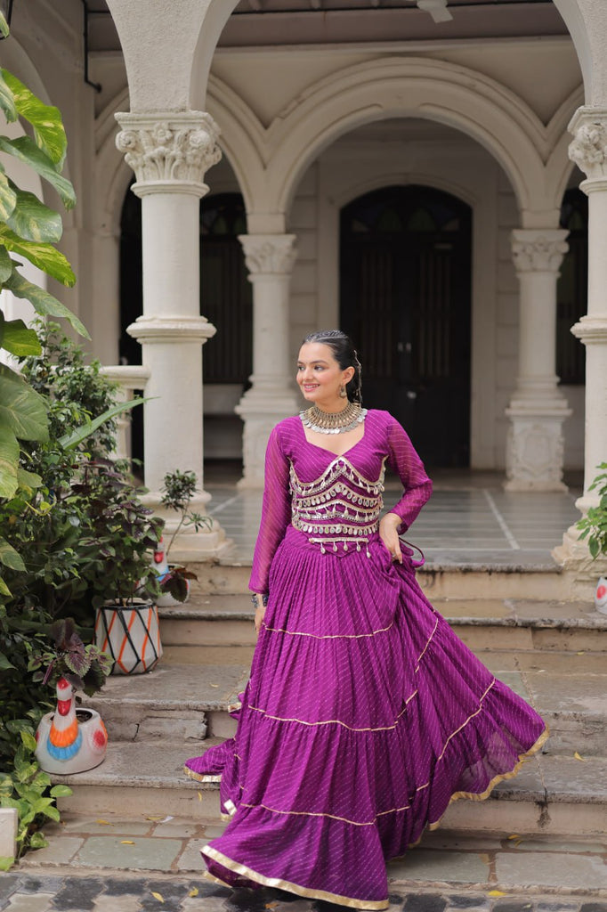 Purple Navratri Special Leheriya Print Lehenga Choli with 12 Mtr Flair & Mirror Lace Work ClothsVilla