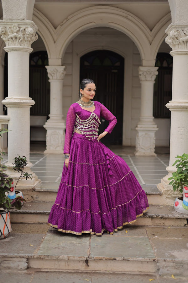 Purple Navratri Special Leheriya Print Lehenga Choli with 12 Mtr Flair & Mirror Lace Work ClothsVilla