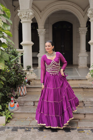 Purple Navratri Special Leheriya Print Lehenga Choli with 12 Mtr Flair & Mirror Lace Work ClothsVilla