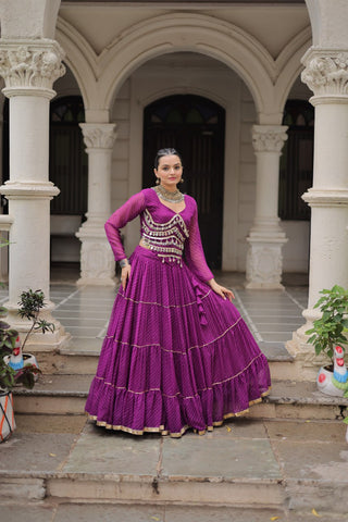 Purple Navratri Special Leheriya Print Lehenga Choli with 12 Mtr Flair & Mirror Lace Work ClothsVilla