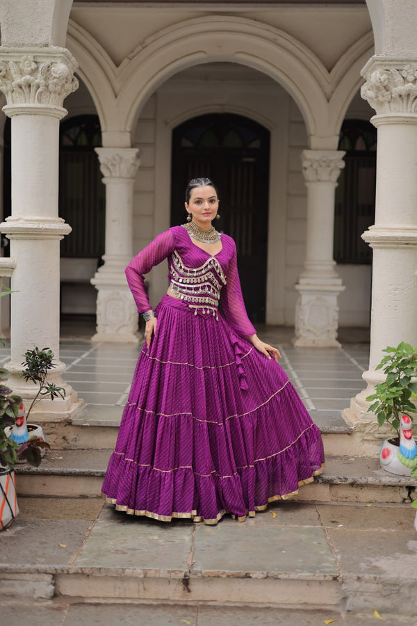 Purple Navratri Special Leheriya Print Lehenga Choli with 12 Mtr Flair & Mirror Lace Work ClothsVilla