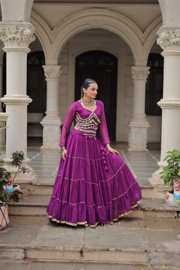 Purple Navratri Special Leheriya Print Lehenga Choli with 12 Mtr Flair & Mirror Lace Work ClothsVilla