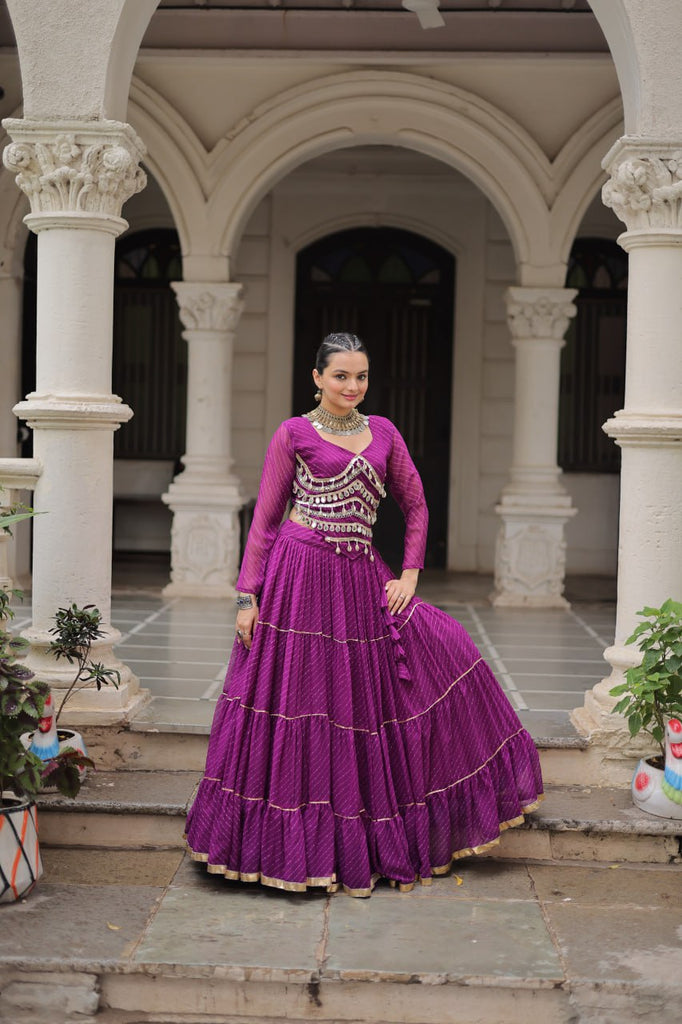 Purple Navratri Special Leheriya Print Lehenga Choli with 12 Mtr Flair & Mirror Lace Work ClothsVilla