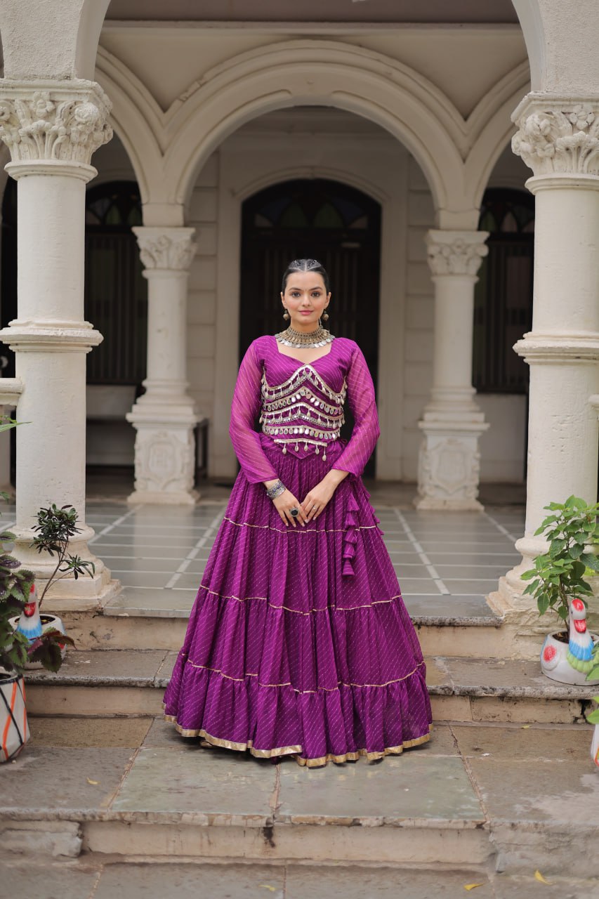 Purple Navratri Special Leheriya Print Lehenga Choli with 12 Mtr Flair & Mirror Lace Work ClothsVilla