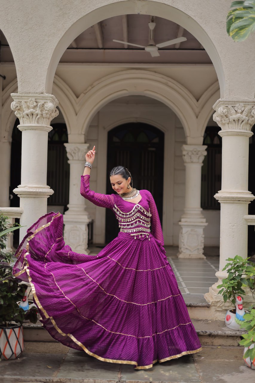 Purple Navratri Special Leheriya Print Lehenga Choli with 12 Mtr Flair & Mirror Lace Work ClothsVilla