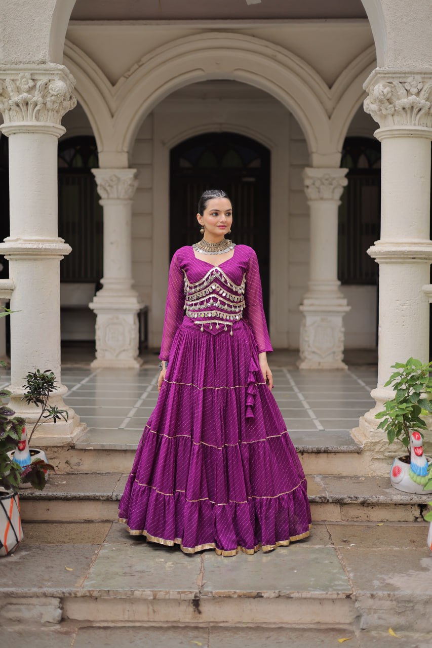 Purple Navratri Special Leheriya Print Lehenga Choli with 12 Mtr Flair & Mirror Lace Work ClothsVilla