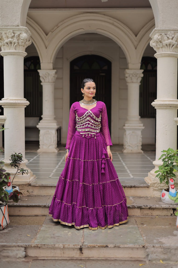 Purple Navratri Special Leheriya Print Lehenga Choli with 12 Mtr Flair & Mirror Lace Work ClothsVilla