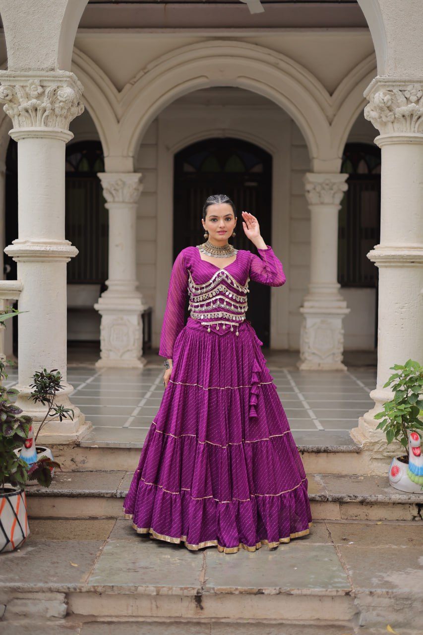 Purple Navratri Special Leheriya Print Lehenga Choli with 12 Mtr Flair & Mirror Lace Work Secondary image