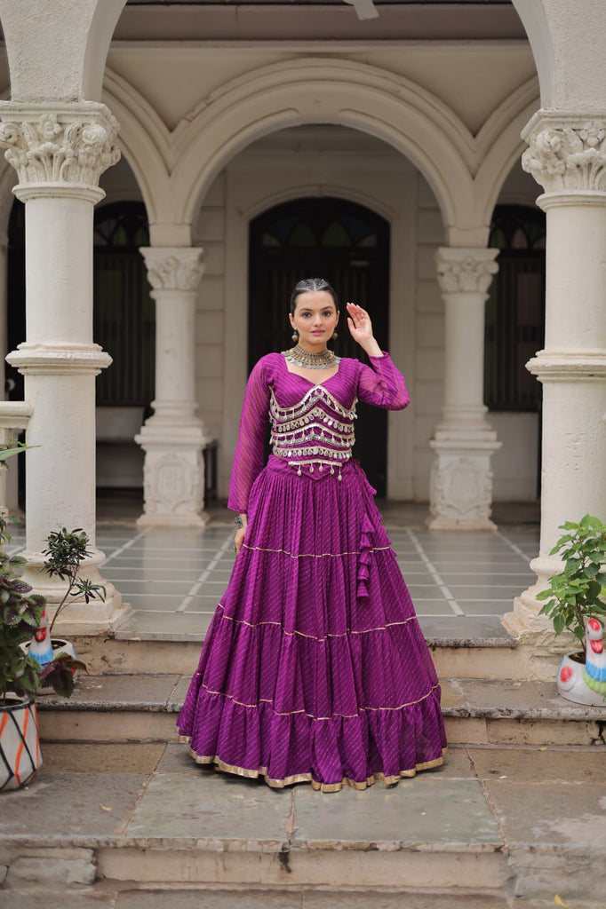 Purple Navratri Special Leheriya Print Lehenga Choli with 12 Mtr Flair & Mirror Lace Work ClothsVilla