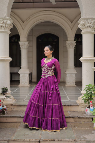 Purple Navratri Special Leheriya Print Lehenga Choli with 12 Mtr Flair & Mirror Lace Work ClothsVilla