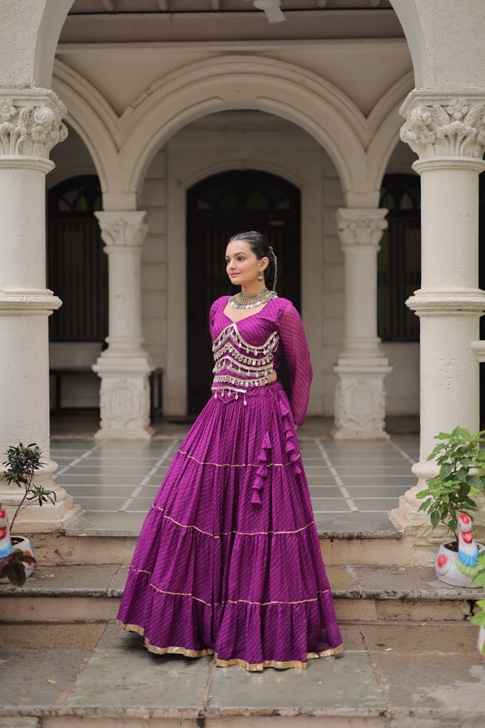Purple Navratri Special Leheriya Print Lehenga Choli with 12 Mtr Flair & Mirror Lace Work ClothsVilla