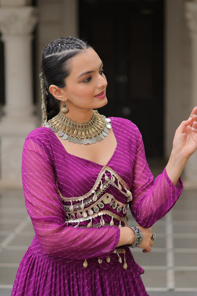 Purple Navratri Special Leheriya Print Lehenga Choli with 12 Mtr Flair & Mirror Lace Work ClothsVilla