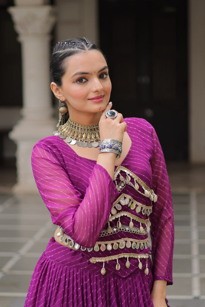 Purple Navratri Special Leheriya Print Lehenga Choli with 12 Mtr Flair & Mirror Lace Work ClothsVilla