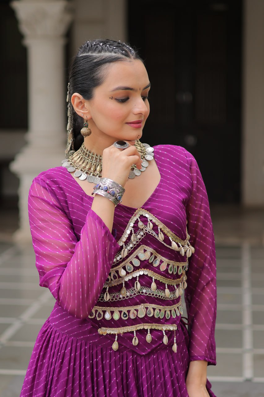 Purple Navratri Special Leheriya Print Lehenga Choli with 12 Mtr Flair & Mirror Lace Work ClothsVilla