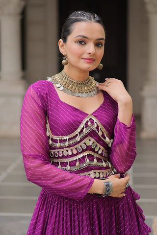 Purple Navratri Special Leheriya Print Lehenga Choli with 12 Mtr Flair & Mirror Lace Work ClothsVilla