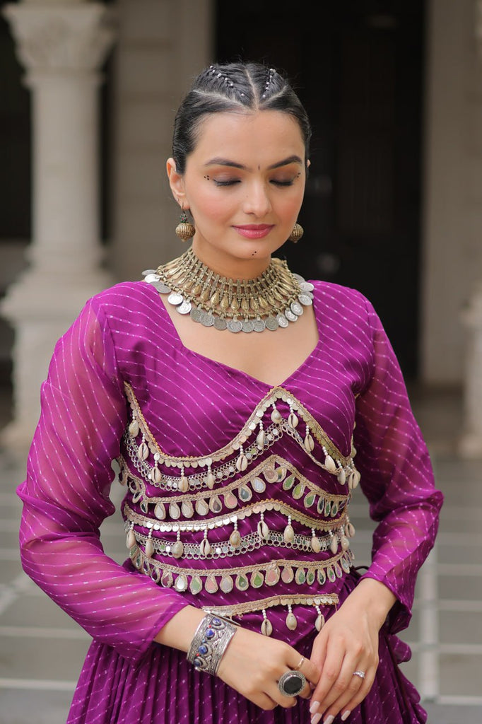 Purple Navratri Special Leheriya Print Lehenga Choli with 12 Mtr Flair & Mirror Lace Work ClothsVilla
